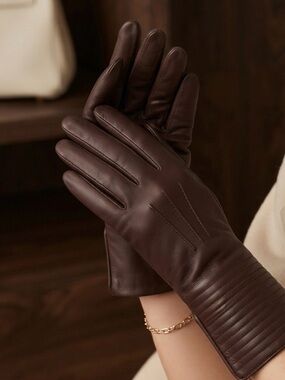 Prada Vintage Brown Leather Mid-Length Long Gloves (100% Silk Lining)
